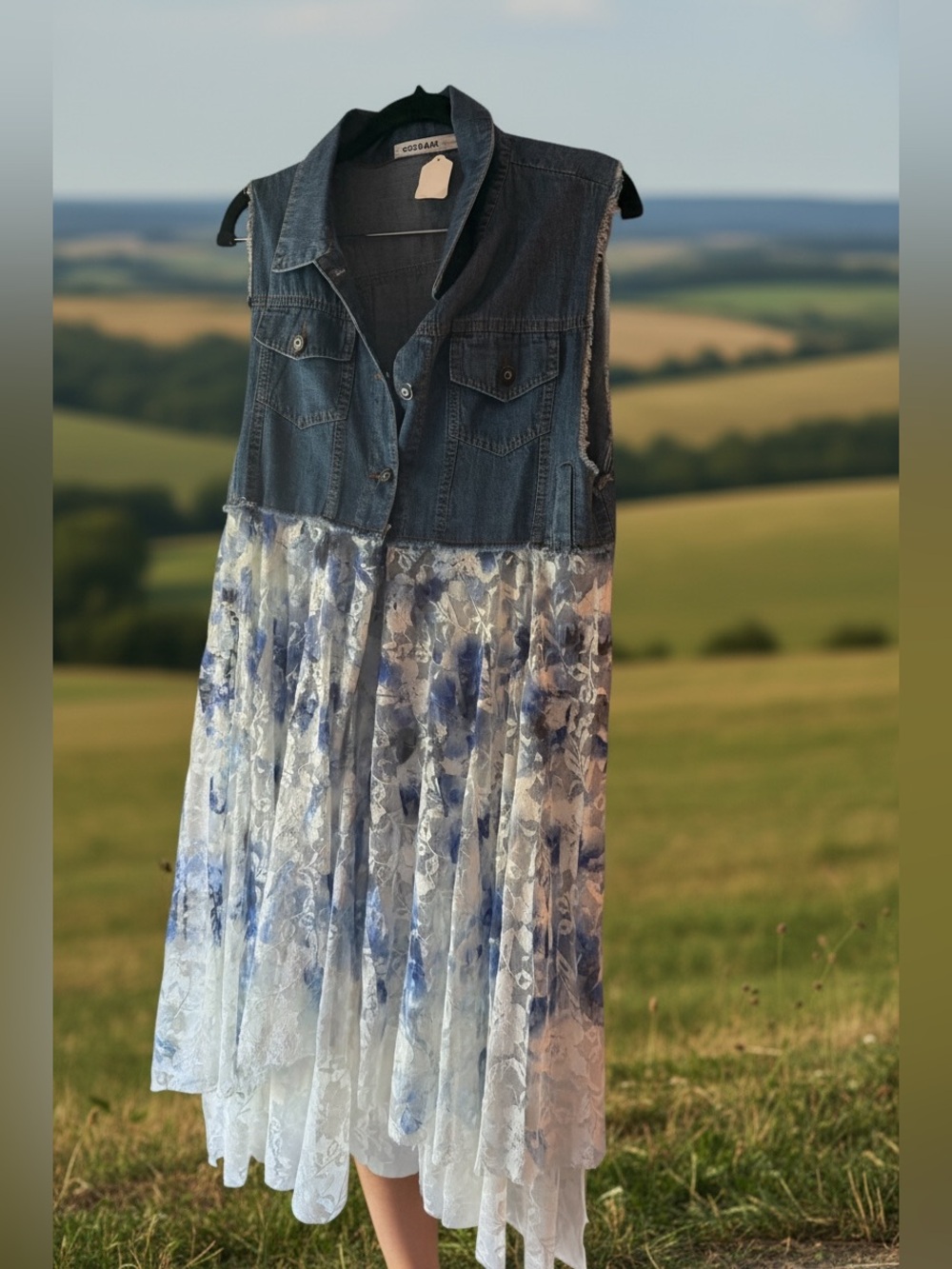 Origami Denim & Blue Floral Lace Sleeveless Duster/Vest New